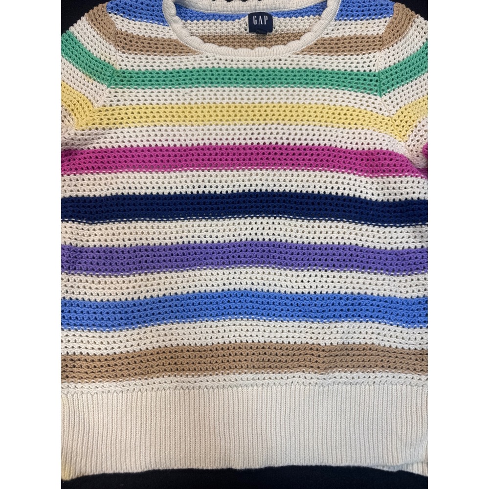 Gap Rainbow Striped Open Knit Crochet Sweater Cream Multi Color Cotton Small - Picture 2 of 7